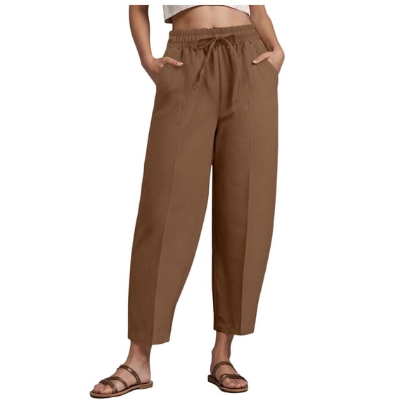 vigerkar Women's Summer High Waisted Baggy Pants Casual Ankle Length Trouser Slacks with Pockets (Coffee, M)