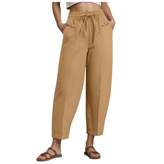 vigerkar Women's Summer High Waisted Baggy Pants Casual Ankle Length Trouser Slacks with Pockets (Khaki, XXL)