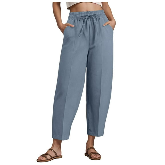 vigerkar Women's Summer High Waisted Baggy Pants Casual Ankle Length Trouser Slacks with Pockets (Light Blue, M)