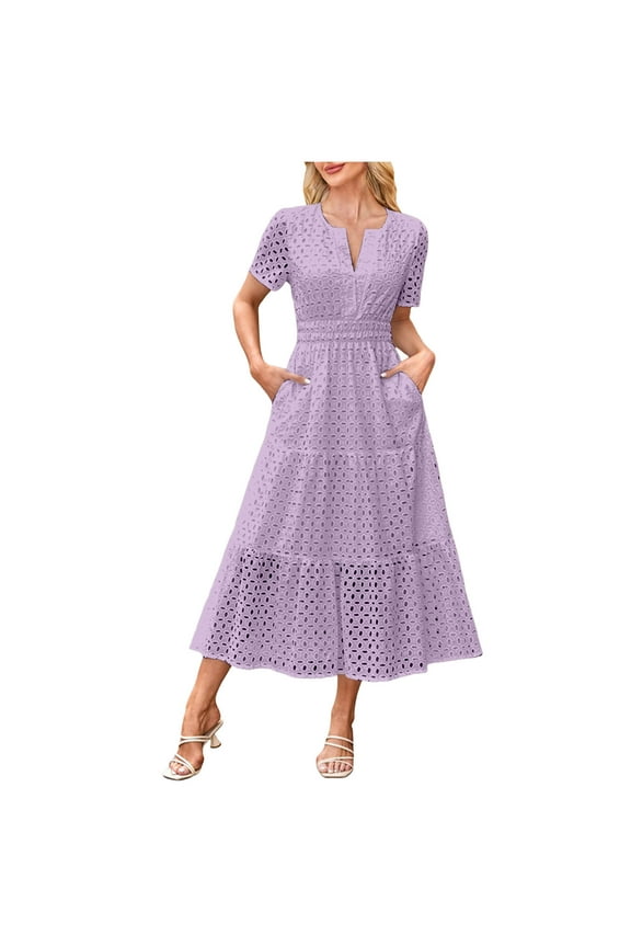 Women's Summer Short Sleeve Maxi Dress Casual V Neck Hollow Out Eyelet Ruffle Swing A Line Long Dresses 2025 Light Purple, S