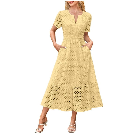 vigerkar Women's Summer Short Sleeve Maxi Dress Casual V Neck Hollow Out Eyelet Ruffle Swing A Line Long Dresses 2025 Light Yellow, XL