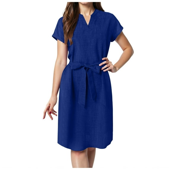 vigerkar Women's Summer Short Sleeve Midi Dress Casual V Neck Work Party A-Line Knee-Length Dresses with Belt BU2, XXL