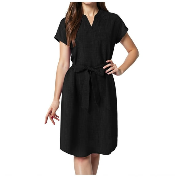 vigerkar Women's Summer Short Sleeve Midi Dress Casual V Neck Work Party A-Line Knee-Length Dresses with Belt Black, XXL