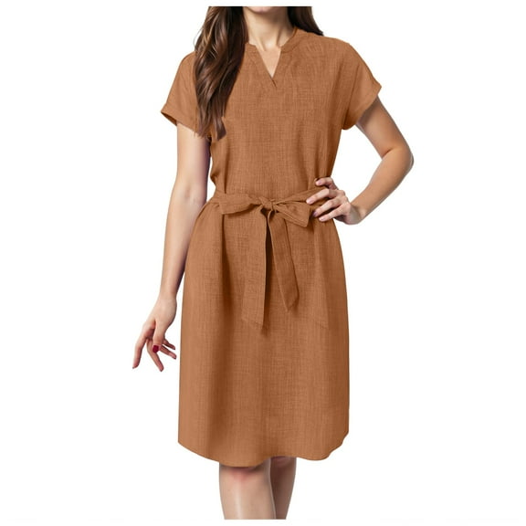 vigerkar Women's Summer Short Sleeve Midi Dress Casual V Neck Work Party A-Line Knee-Length Dresses with Belt Brown, XXL