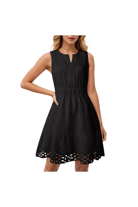 Women's Summer Sleeveless Mini Dress V Neck Hollow Out Eyelet High Waist A Line Swing Short Party Dresses Black, S