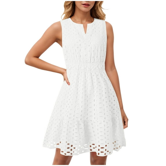 vigerkar Women's Summer Sleeveless Mini Dress V Neck Hollow Out Eyelet High Waist A Line Swing Short Party Dresses White, S