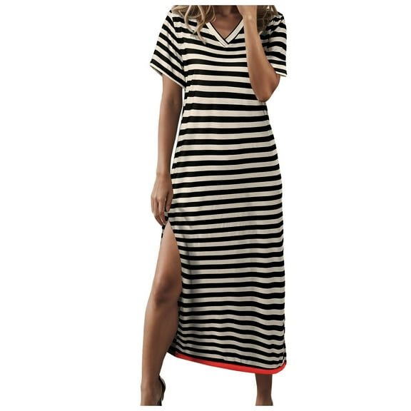 vigerkar Women's Summer Striped Short Sleeve Dress V Neck Side Slit Casual Beach Maxi Dresses Black, L