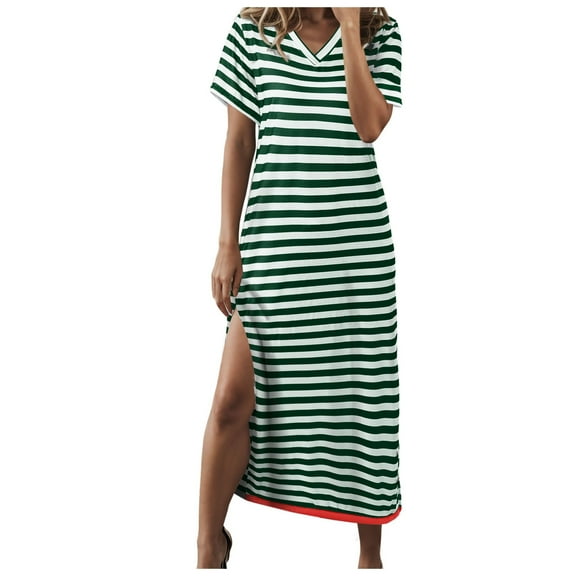 vigerkar Women's Summer Striped Short Sleeve Dress V Neck Side Slit Casual Beach Maxi Dresses Green, M