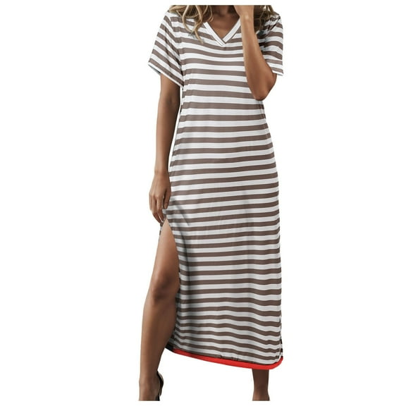 vigerkar Women's Summer Striped Short Sleeve Dress V Neck Side Slit Casual Beach Maxi Dresses Pink, XL