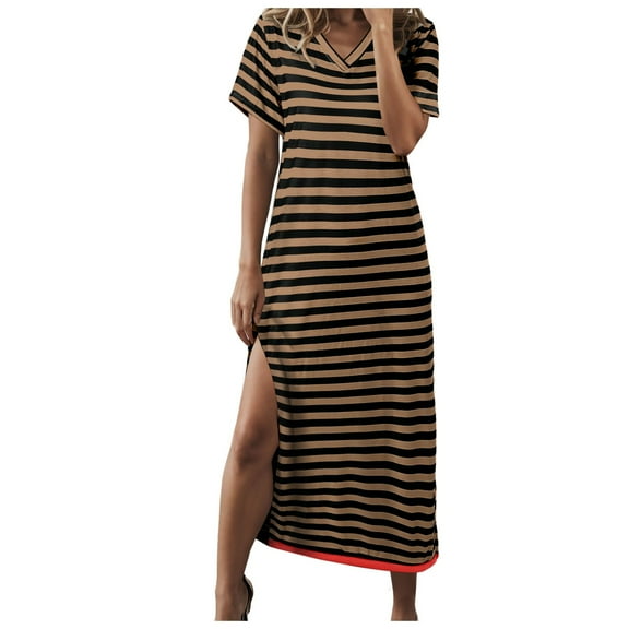 vigerkar Women's Summer Striped Short Sleeve Dress V Neck Side Slit Casual Beach Maxi Dresses Yellow, S