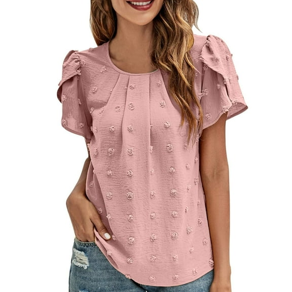 vigerkar Women's Summer Swiss Dot Chiffon Blouses V Neck Short Sleeve Tops Casual Loose T-Shirts Watermelon Red, XL