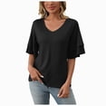 thumbnail image 1 of vigerkar Women's Summer Tops 2026 Dressy Casual Ruffle Short Sleeve T Shirts Baggy Textured Blouses Tops Vacation Outfits (Black, L), 1 of 7