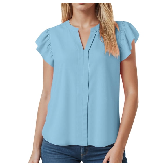 vigerkar Women's Summer Tops Dressy Casual Notch V Neck Ruffle Short Sleeve Flowy Cute Blouses Tops Sky Blue, XXL