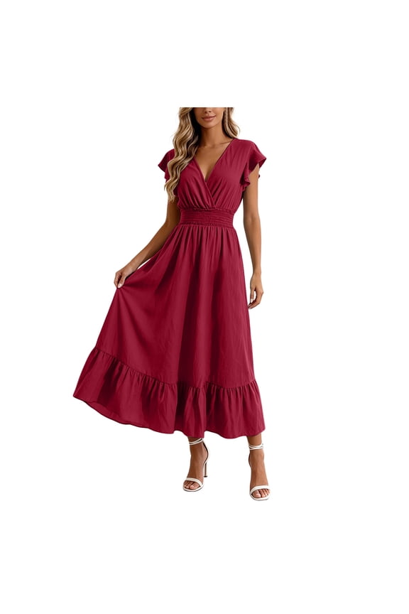 Women's Summer Wrap Maxi Dress Short Ruffle Sleeve V Neck High Waist Pleated Hem Flowy Long Sundress (Red, XXL)