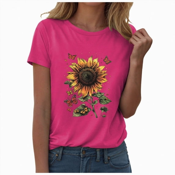 vigerkar Women's Sunflower Graphic T-Shirts Boho Wildflowers Tee Tops Summer Vintage Short Sleeve Casual Holiday Tops (Hot Pink, M)