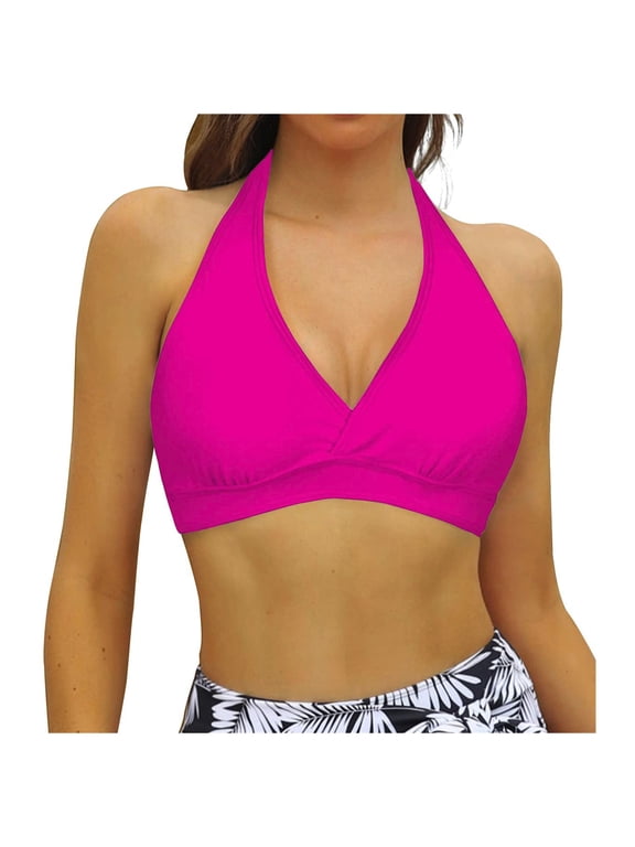 Women's Supportive Halter Bikini Padded Push Up Ruched Bust Hook Back Swimsuit Bathing Suit Tops Only Hot Pink, S