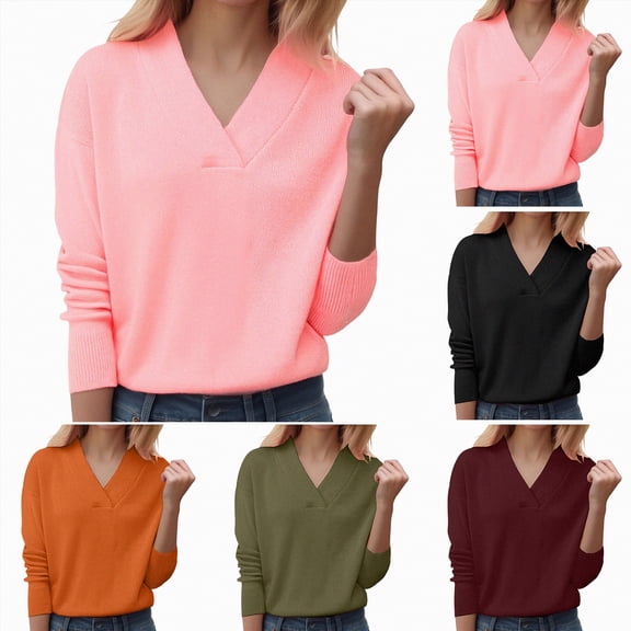 vigerkar Women's Sweaters Casual Long Sleeve Pullover V Neck Lightweight Sweatshirts Cute Blouse Tops (Wine, M)
