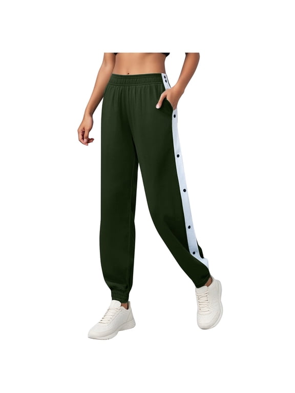 Women's Tear Away Basketball Pants High Split Snap Button Trousers Active Workout Tapered Sweatpants with Pockets Dark Green, XL