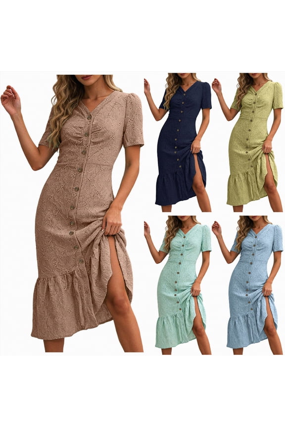 Women's Textured V-Neck Slit Dress Short Sleeve Button Dresses Ruffle Hem Hollow Eyelet Summer Midi Sundress (Navy, L)