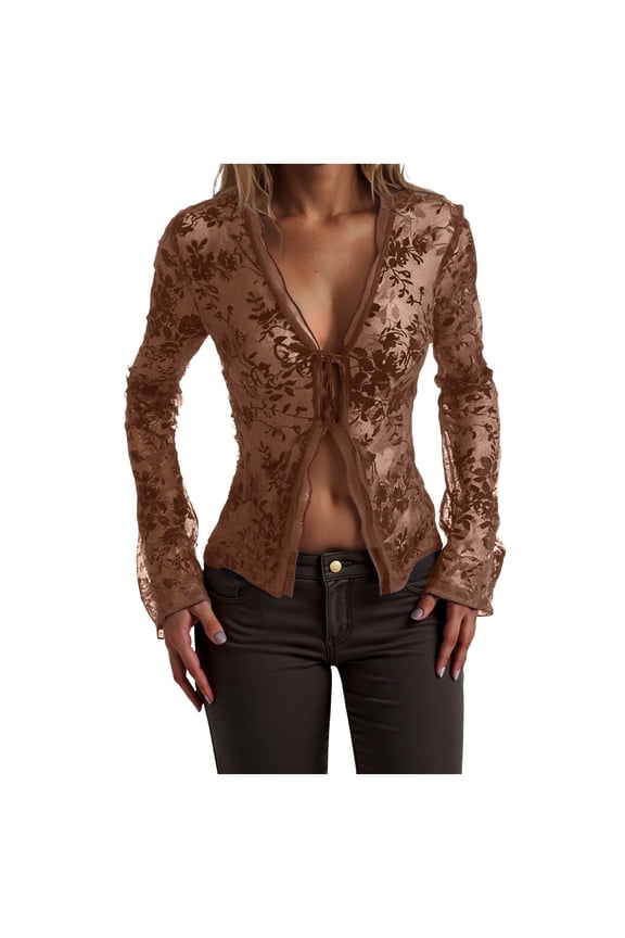 Women's Tie Front Top Y2K Gothic Sheer Mesh Bell Long Sleeve Concert Going Out Tops Shirt Blouse (Brown, L)