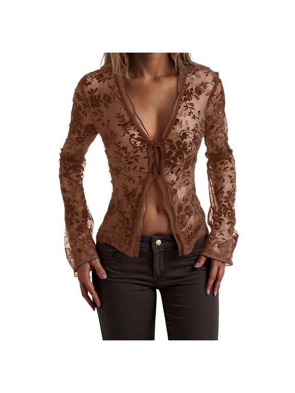 Women's Tie Front Top Y2K Gothic Sheer Mesh Bell Long Sleeve Concert Going Out Tops Shirt Blouse (Brown, M)