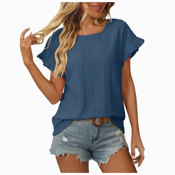 vigerkar Women's Tops Dressy Casual Eyelet Embroidery Ruffle Short Sleeve Blouses Summer Tops Baggy Shirts (Blue, XXL)