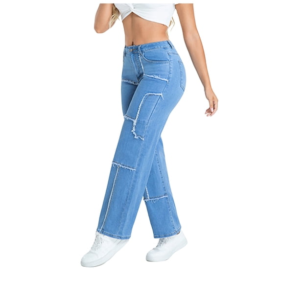 vigerkar Women's Trendy Mid Rise Jeans Stretchy Stitching Washed Boyfriend Straight Denim Pants (Light Blue, M)