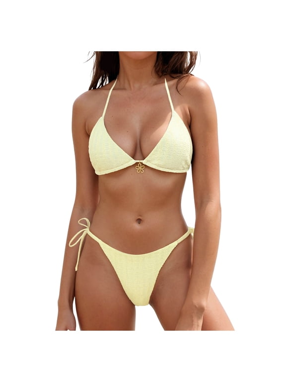 Women's Triangle Bikini Set Tie Side Halter String Solid Cheeky Two Piece Swimsuit Bathing Suit (Light Yellow, XL)