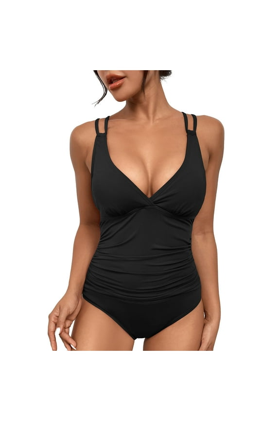 Women's Tummy Control One Piece Swimsuits Long Torso Halter Bathing Suit 1 Piece Swimwear Black, L