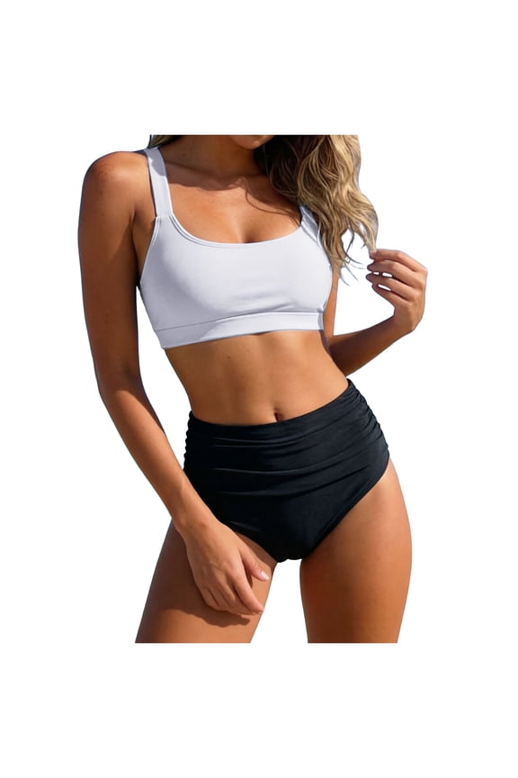 Women's Twist Front Modest Large Bust Swimsuit Padded High Waisted Ruched Bikini Set Two Piece Bathing Suit (White, L)