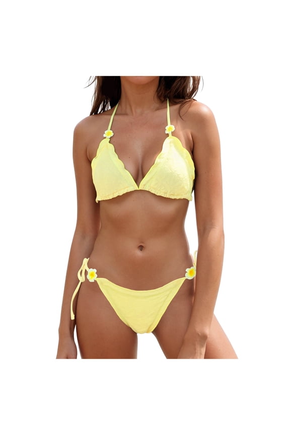 Women's Two Piece Bikini Swimsuit Sexy Ribbed Triangle Top Bathing Suits String Cheeky Bikini Sets (Yellow, L)