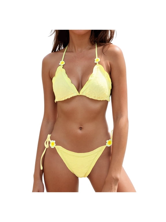 Women's Two Piece Bikini Swimsuit Sexy Ribbed Triangle Top Bathing Suits String Cheeky Bikini Sets (Yellow, XL)