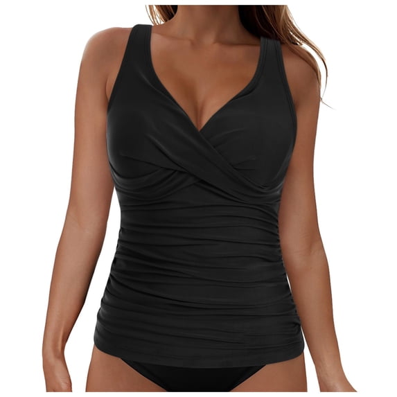 vigerkar Tankini Tops for Women Tummy Control No Underwire Bathing Suits Twist Swimwear Push Up Tops Only Black, S