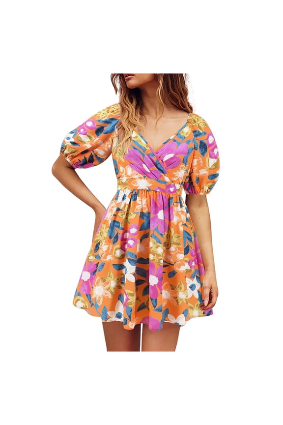 Women's V-Neck Floral Print Short Dress with Lantern Sleeves - Boho Chic Summer Mini Dress Orange, S
