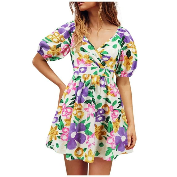 vigerkar Women's V-Neck Floral Print Short Dress with Lantern Sleeves - Boho Chic Summer Mini Dress Purple, M