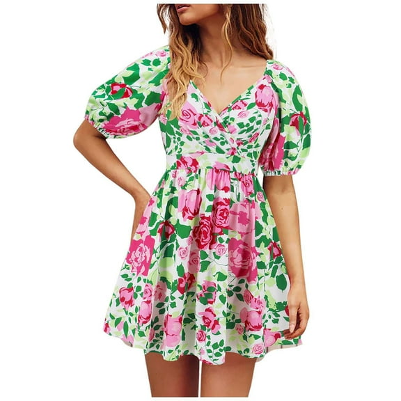 vigerkar Women's V-Neck Floral Print Short Dress with Lantern Sleeves - Boho Chic Summer Mini Dress Red, S