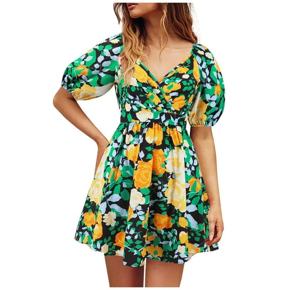 vigerkar Women's V-Neck Floral Print Short Dress with Lantern Sleeves - Boho Chic Summer Mini Dress Yellow, XL