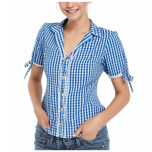 vigerkar Women's Vintage Plaid Shirt with Lace Trim & V-Neck – Stylish Button-Down Retro Blouse Blue, XXL