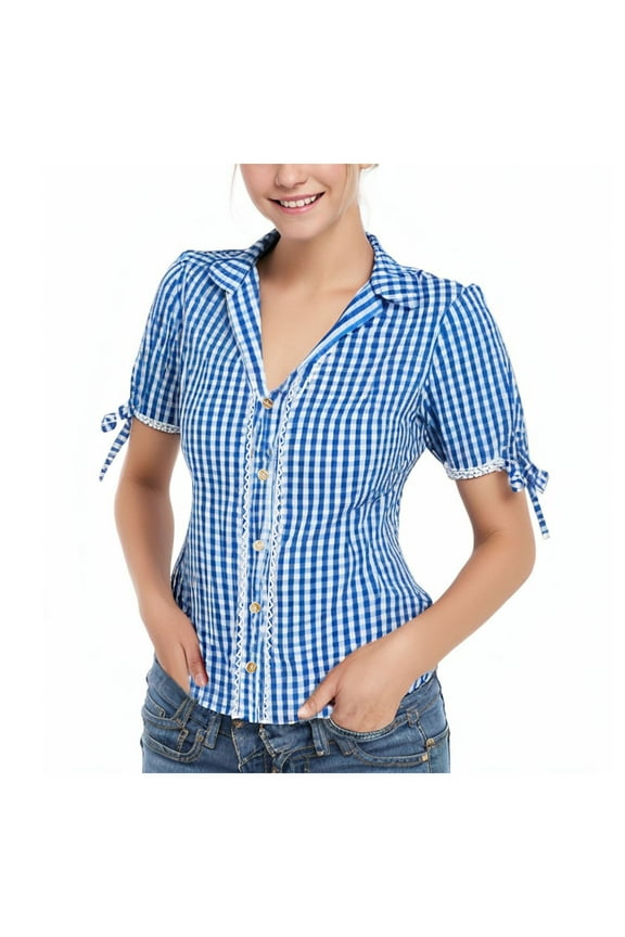 Women's Vintage Plaid Shirt with Lace Trim & V-Neck – Stylish Button-Down Retro Blouse Blue, XXL