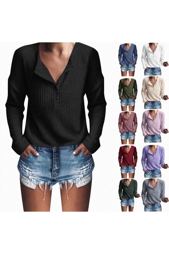 Women's Waffle Knit Tunic Tops Loose Long Sleeve Button Up V Neck Henley Shirts (Dark Green, M)