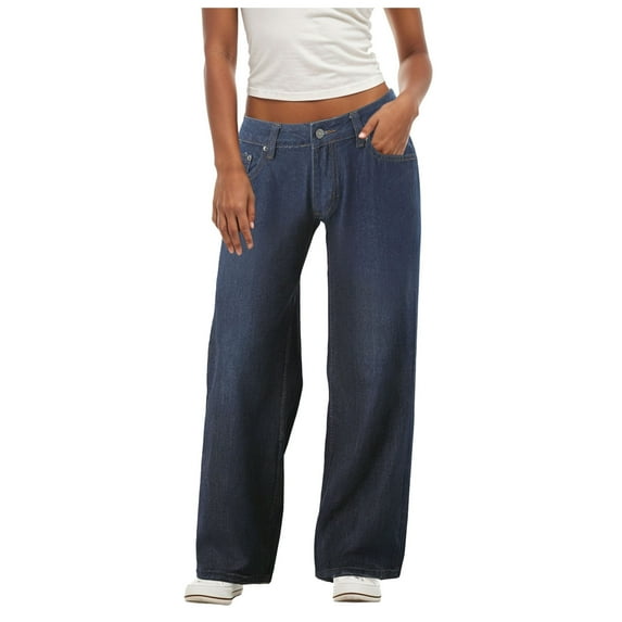 vigerkar Women's Wide Leg Jeans Distress Adjustable Waist Denim Pants Vintage Y2K Trousers Dark Blue, S