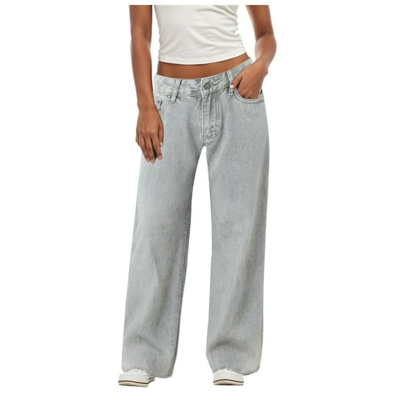 vigerkar Women's Wide Leg Jeans Distress Adjustable Waist Denim Pants Vintage Y2K Trousers Grey, XS