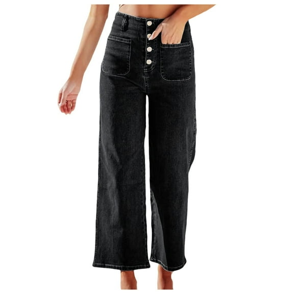vigerkar Women's Wide Leg Jeans High Waisted Stretchy Straight Leg Jeans Buttoned Loose Denim Pants with Pocket Black, M
