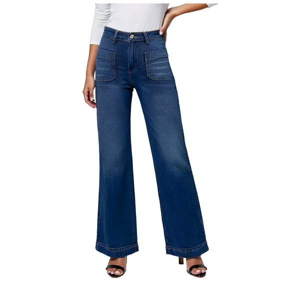 vigerkar Women's Wide Leg Jeans High Waisted Stretchy Straight Leg Jeans Loose Trendy Denim Pants with Pocket (Blue, XL)