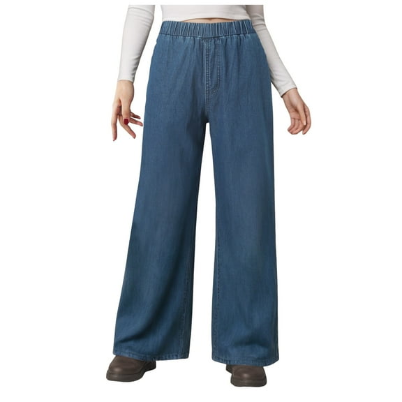 vigerkar Women's Wide Leg Jeans Stretchy Mid Rise Elastic Waist Jeans Baggy Loose Denim Pants with Pockets Trendy Casual Dark Blue, XXL