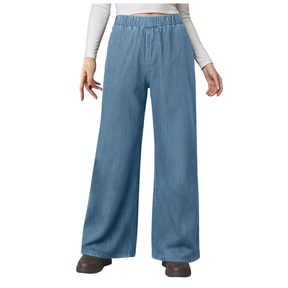 vigerkar Women's Wide Leg Jeans Stretchy Mid Rise Elastic Waist Jeans Baggy Loose Denim Pants with Pockets Trendy Casual Light Blue, S