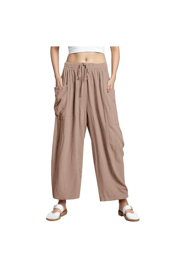 Women's Wide Leg Pants Summer Casual Loose Fit Beach Palazzo Harem Pants with Pockets Khaki, 3XL