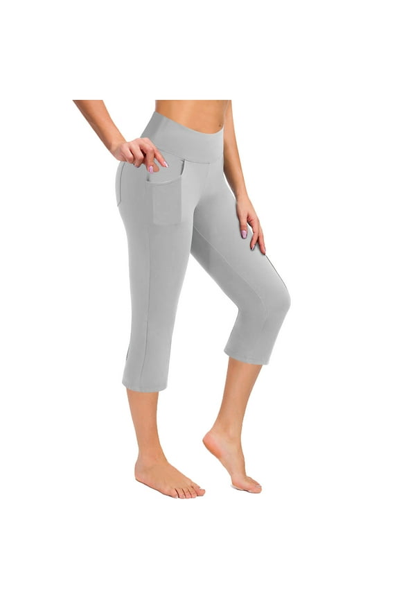 Women's Yoga Capris Pants High Waist Leggings Crop Straight Leg Athletic Exercise Workout Capris 21" Grey, S