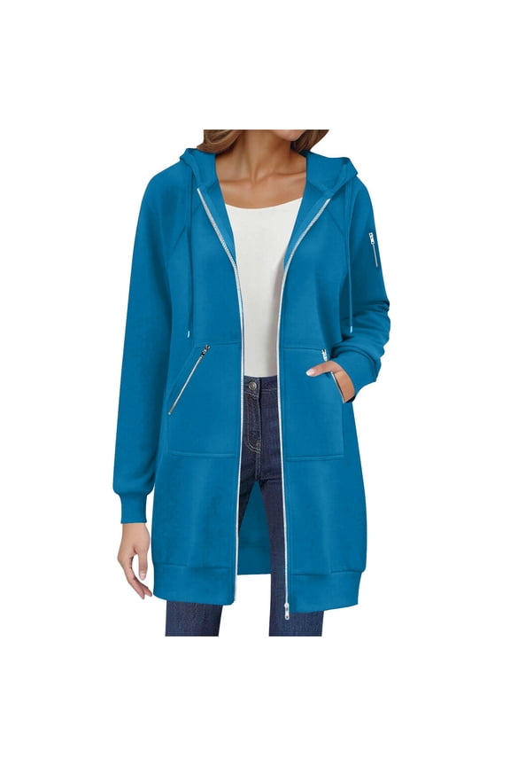 Women's Zip Up Hoodies Long Tunic Sweatshirts Oversized Casual Long Sleeve Fall Hoodie Jacket Coat with Zipper Pocket (Blue, M)