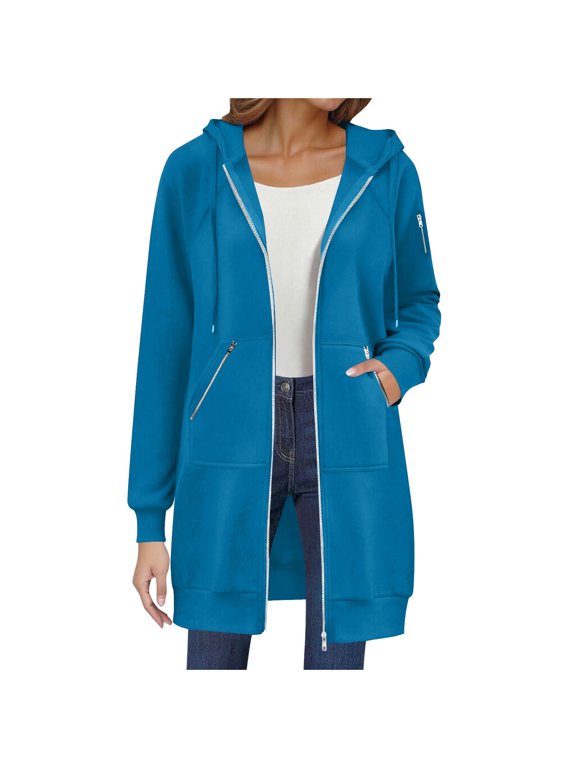 Women's Zip Up Hoodies Long Tunic Sweatshirts Oversized Casual Long Sleeve Fall Hoodie Jacket Coat with Zipper Pocket (Blue, XL)